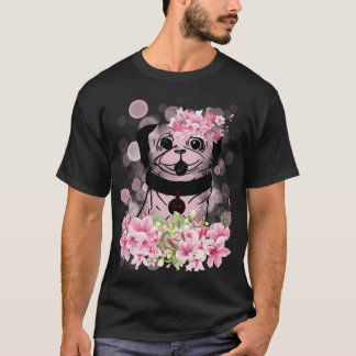 春のパグ、ピンクの花のパグ Tシャツ