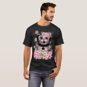 春のパグ、ピンクの花のパグ Tシャツ (正面フル)