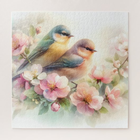 春のパステル スイート ラブ バード 桜 花 ジグソーパズル (縦)