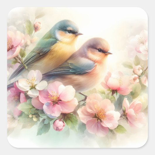 春のパステル スイート ラブ バード 桜 花 スクエアシール (正面)