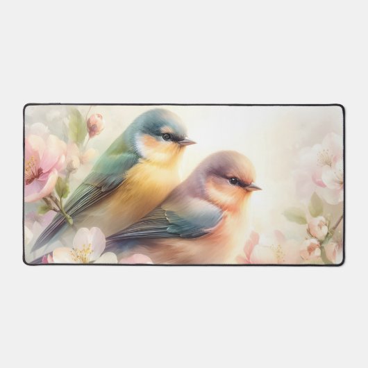 春のパステル スイート ラブ バード 桜 花 デスクマット (正面)