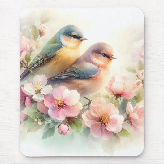 春のパステル スイート ラブ バード 桜 花 マウスパッド (正面)