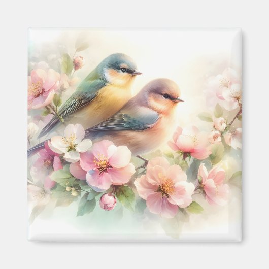 春のパステル スイート ラブ バード 桜 花 マグネット (正面)