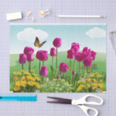 春のピンクのチューリップと蝶のデコパージュ 薄葉紙 (クラフト)