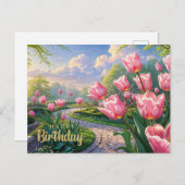 春のピンクのチューリップガーデンお誕生日おめでとう ポストカード (正面/裏面)