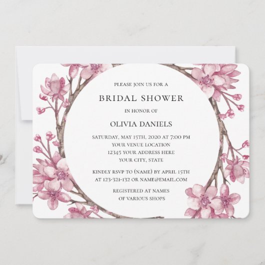 春のピンクの桜の花。花のブライズシャワー 招待状 (正面)