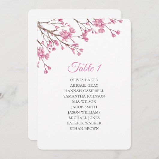 春のピンクの桜。結婚式の座席表 招待状 (正面/裏面)