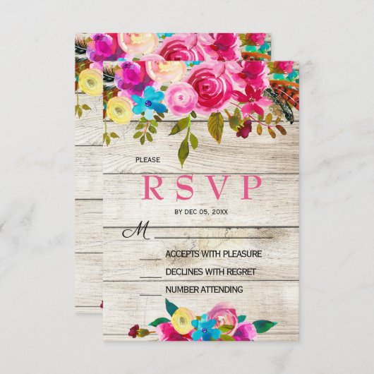 春のピンクの水彩画花木RSVPカード 出欠カード (正面/裏面)