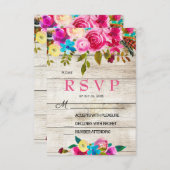 春のピンクの水彩花の木製RSVPカード 出欠カード (正面/裏面)