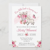 春のピンクの花のバスケットとかわいいひつじの1歳の誕生日 招待状 (正面)