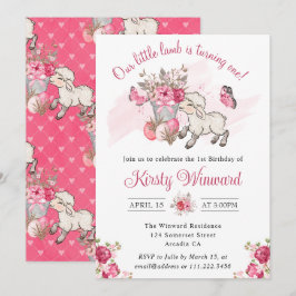 春のピンクの花のバスケットとかわいいひつじの1歳の誕生日 招待状