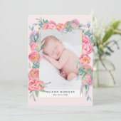 春のピンクの花模様のゴールドの写真 出生発表 招待状 (スタンド正面)