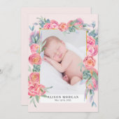 春のピンクの花模様のゴールドの写真 出生発表 招待状 (正面/裏面)