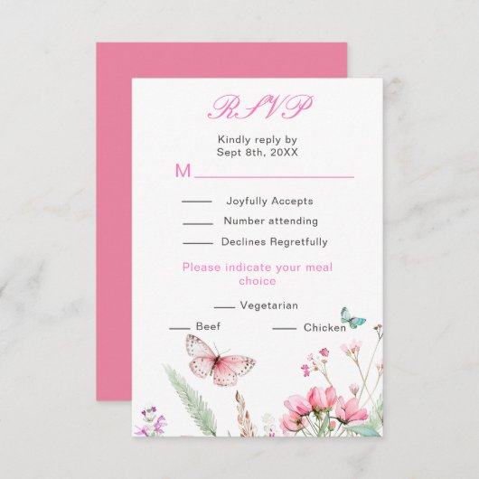 春のピンクの蝶の花のウェディング 出欠カード (正面/裏面)