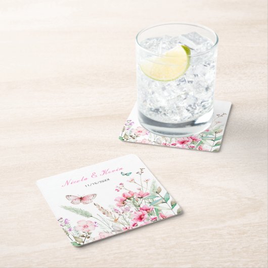 春のピンク蝶 花柄 ウェディング スクエアペーパーコースター (インサイチュ)