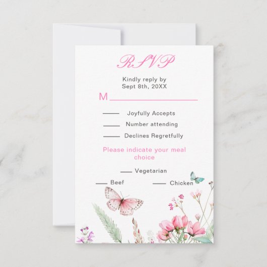 春のピンク蝶 花柄 ウェディング 出欠カード (正面)