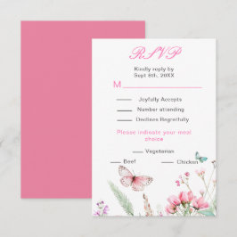 春のピンク蝶 花柄 ウェディング 出欠カード