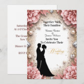 💐 春のピーチフラワーズとゴールドの結婚式の装飾 🌷 招待状 (正面/裏面)