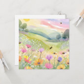 春のミツバチ 花畑 | 花のカラフルな自然 カード (正面/裏面インサイチュ)