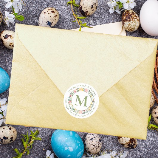 春のモノグラム水彩花 ラウンドシール