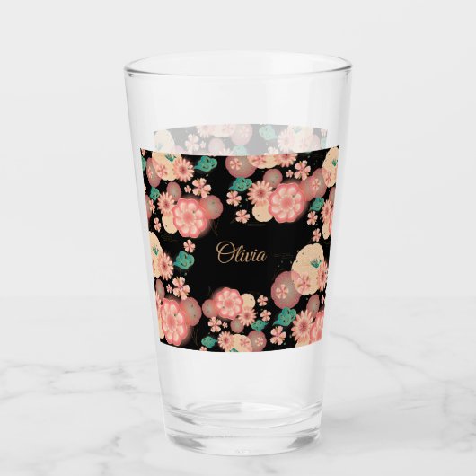 春のモモの花園の花の装飾Boho タンブラーグラス (正面)