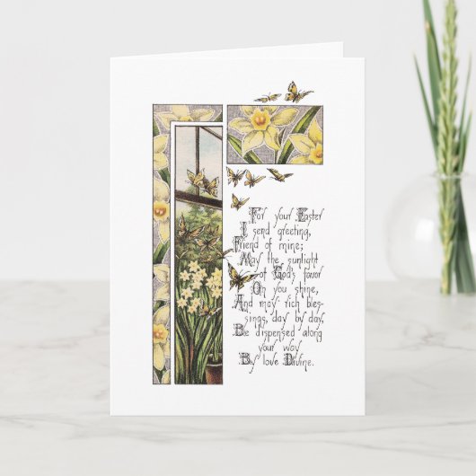 春のラッパスイセン及び蝶ヴィンテージイースター シーズンカード (正面)