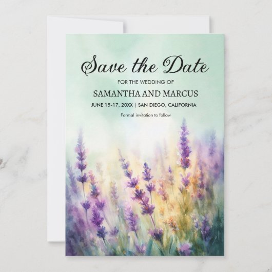 春のラベンダー花の結婚式の写真保存日付 セーブザデート (正面)