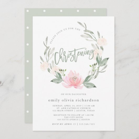 春のリース|の水彩画の花の《キリスト教》洗礼式や命名式 招待状 (正面/裏面)