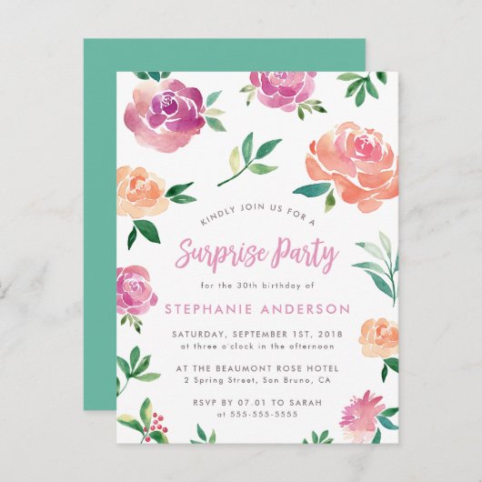 春のローズサプライズ誕生日パーティーの招待状 インビテーションポストカード (正面/裏面)