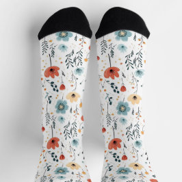 春のワイルドフラワーパターン、錆、タン、青 ソックス