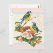 春のヴィンテージのかわいい鳥のカップルおよび巣 ポストカード (正面/裏面)