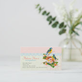 春のヴィンテージのかわいい鳥のカップルおよび巣 名刺 (スタンド正面)