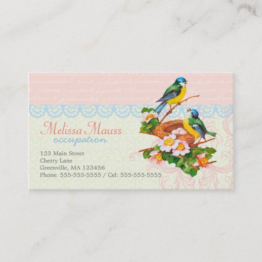 春のヴィンテージのかわいい鳥のカップルおよび巣 名刺 (正面)