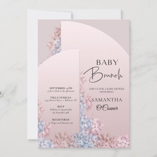春の優しいピンクと淡い青の花が咲くベイビーのためのブランチ 招待状 (正面)