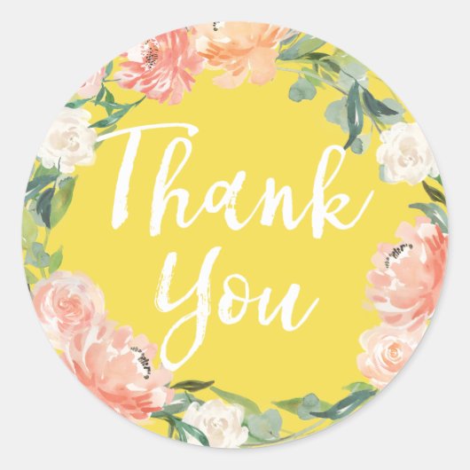 春の優しい水彩花柄イエロー感謝 ラウンドシール (正面)