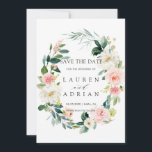 春の優雅な花輪 結婚式の招待前のお知らせ セーブザデート<br><div class="desc">優雅な結婚式の招待前カードに、ソフトなピンクと白の水彩花と緑の葉の花輪をフィーチャー。 このデザインのより高度なカスタマイズについては、 "カスタマイズ" ボタンをクリックしてください。 対応するアイテムも利用可能です。</div>