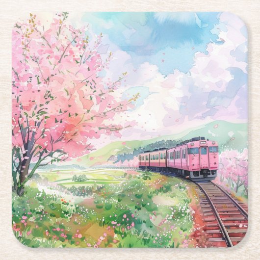春の列車 スクエアペーパーコースター (正面)