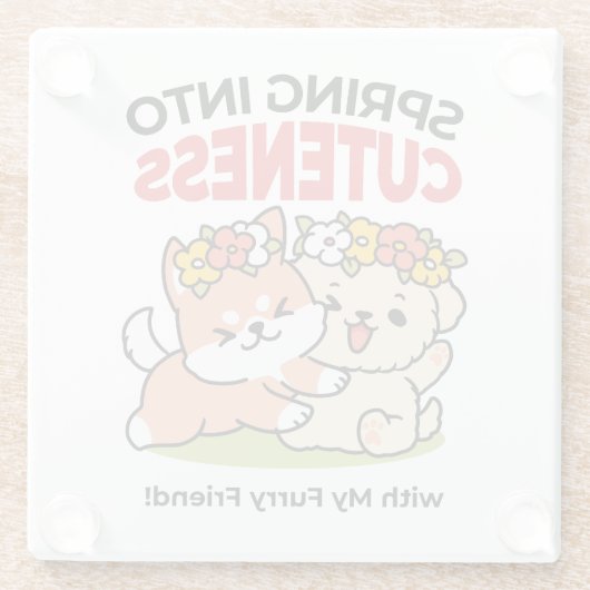 春の可愛さ – かわいい犬のイラストレーション ガラスコースター (裏面)