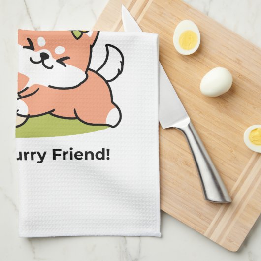 春の可愛さ – かわいい犬のイラストレーション キッチンタオル (四つ折り)