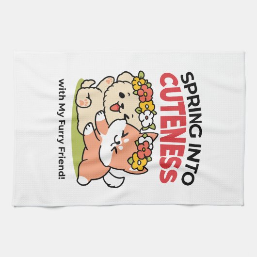 春の可愛さ – かわいい犬のイラストレーション キッチンタオル (横)