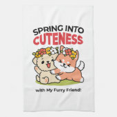 春の可愛さ – かわいい犬のイラストレーション キッチンタオル (縦)
