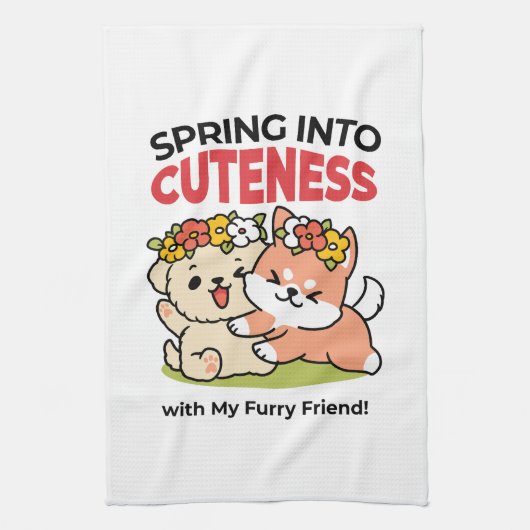春の可愛さ – かわいい犬のイラストレーション キッチンタオル (縦)