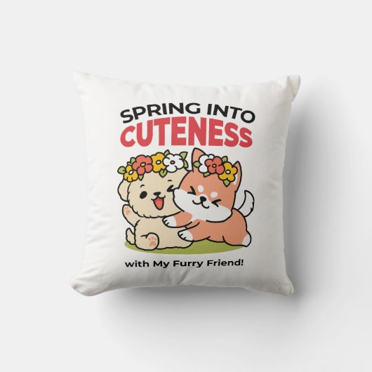 春の可愛さ – かわいい犬のイラストレーション クッション (正面)