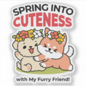 春の可愛さ – かわいい犬のイラストレーション シール (正面)