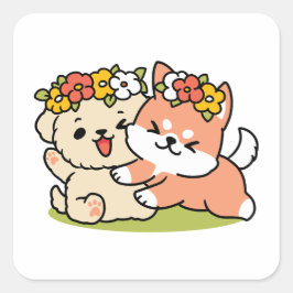 春の可愛さ – かわいい犬のイラストレーション スクエアシール