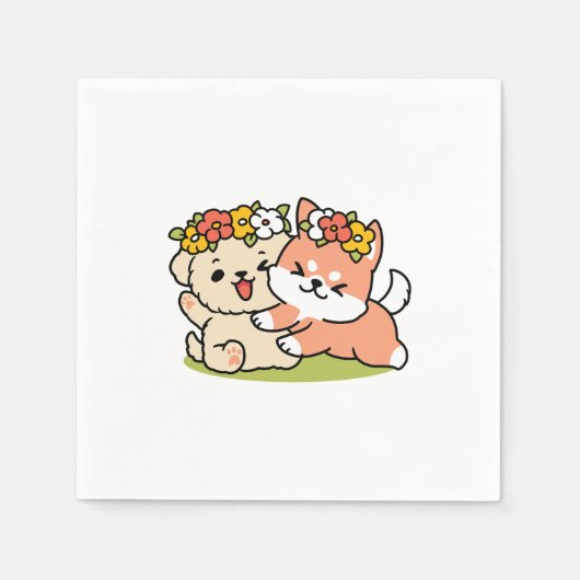 春の可愛さ – かわいい犬のイラストレーション スタンダードカクテルナプキン (正面)