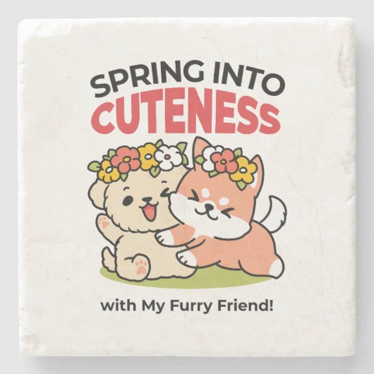 春の可愛さ – かわいい犬のイラストレーション ストーンコースター (正面)