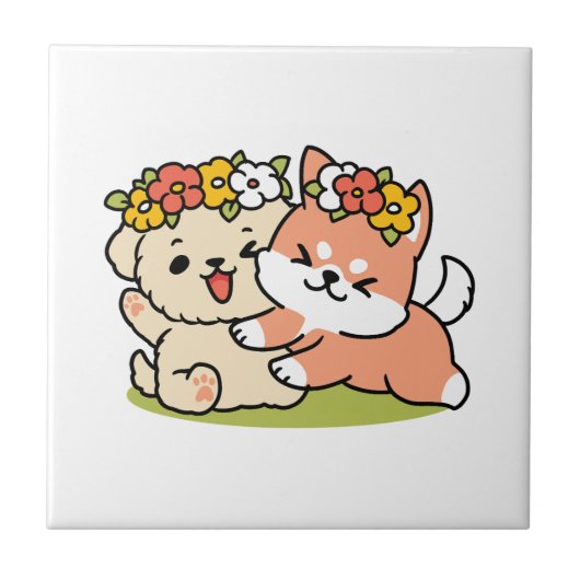 春の可愛さ – かわいい犬のイラストレーション タイル (正面)