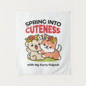 春の可愛さ – かわいい犬のイラストレーション タペストリー (正面)