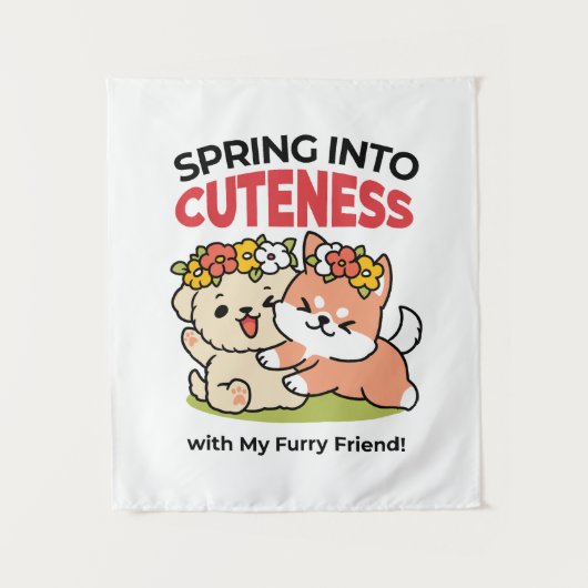 春の可愛さ – かわいい犬のイラストレーション タペストリー (正面)